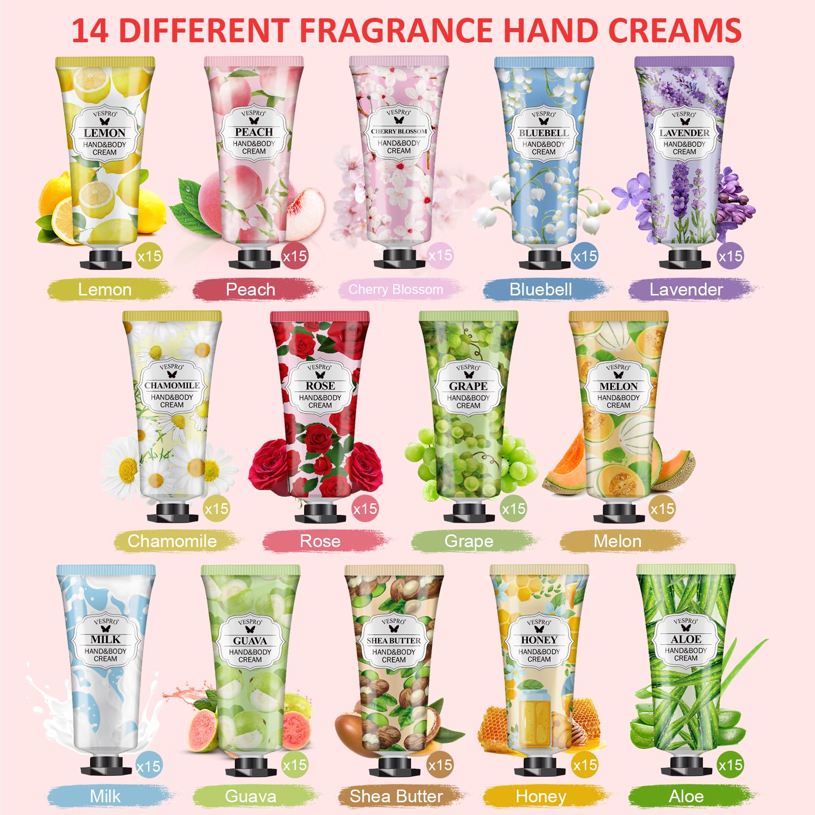 VESPRO 210 Pack Moisturizing Hand Cream Gift Set – 14 Scents, Travel-Size, Bulk Gifts