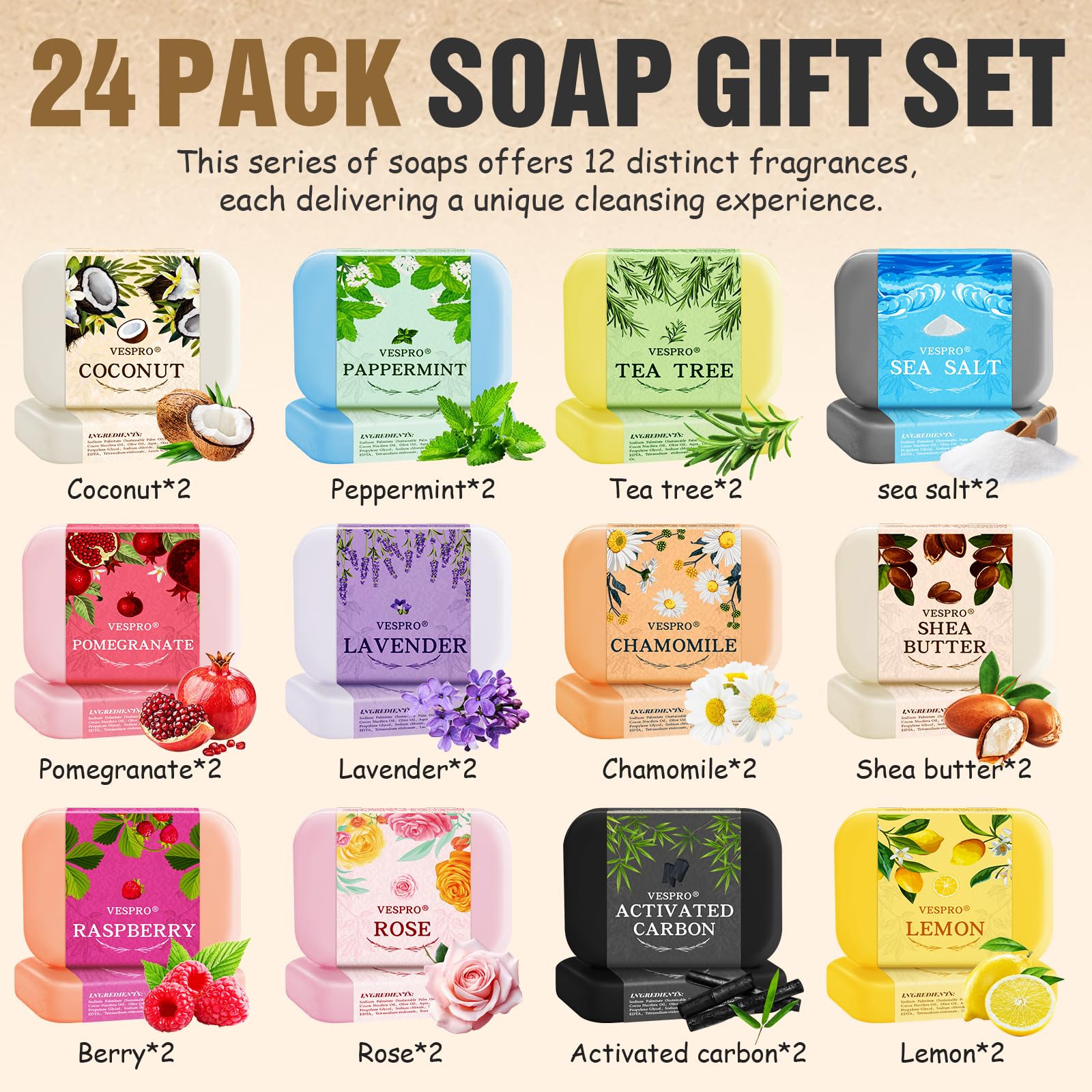 VESPRO 24-Pack Natural Bar Soap Gift Set – Olive Oil Moisturizing Soap, Travel Size
