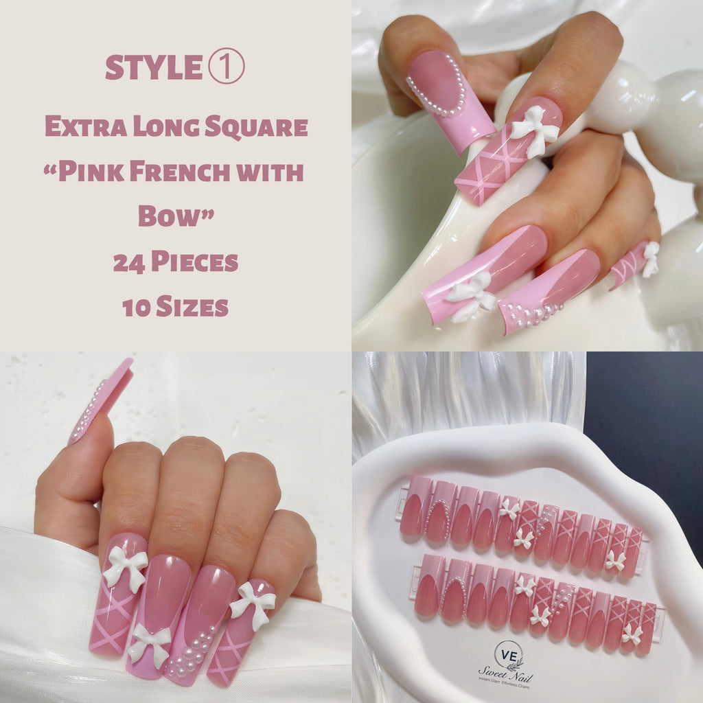 VESWEET Extra Long Square Press-On Nails – 4-Box 3D Design Set