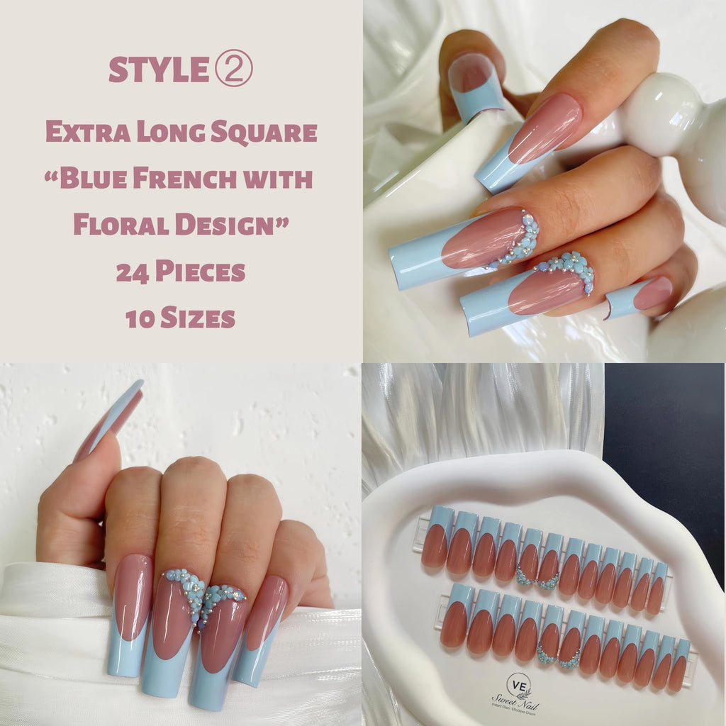 VESWEET Extra Long Square Press-On Nails – 4-Box 3D Design Set