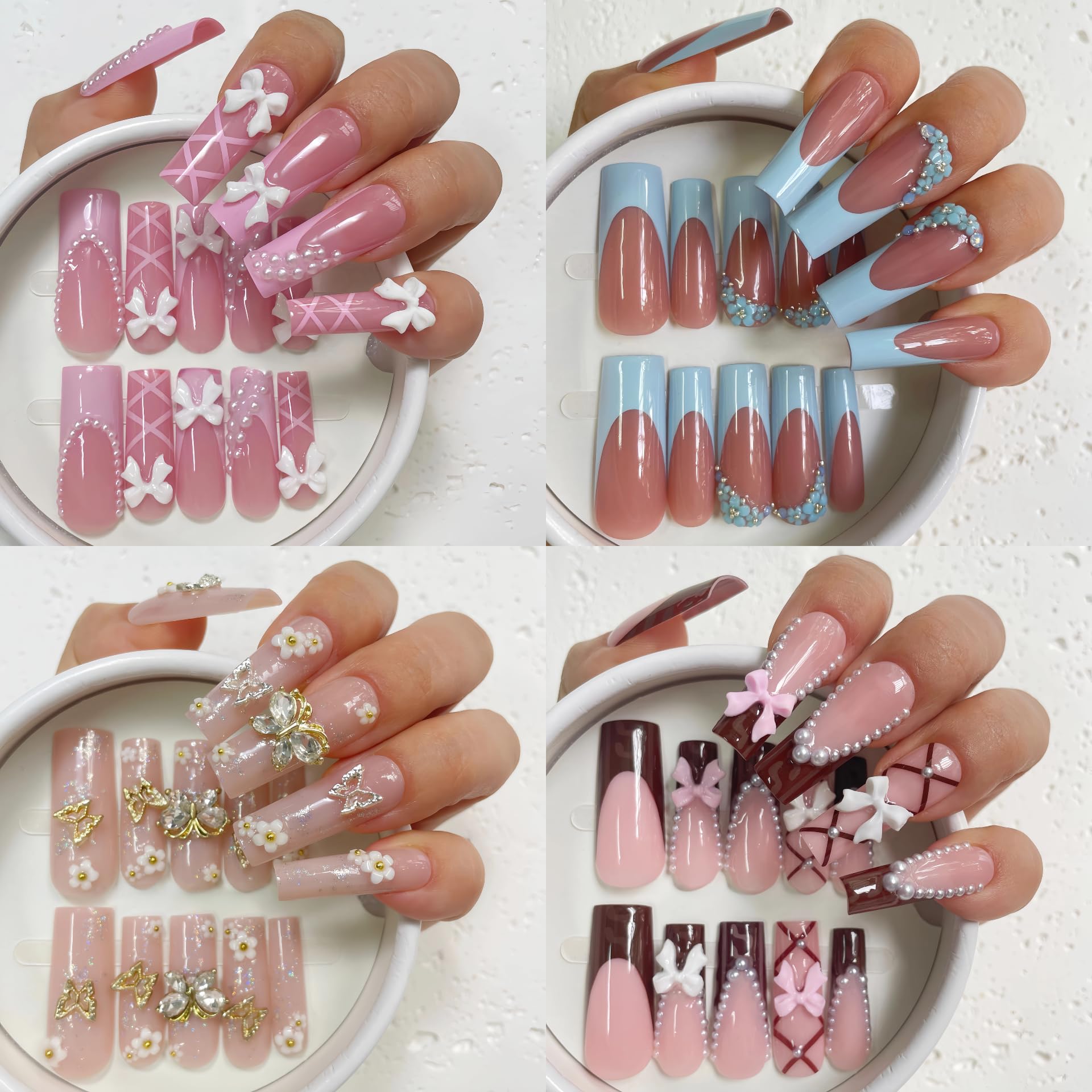 VESWEET Extra Long Square Press-On Nails – 4-Box 3D Design Set