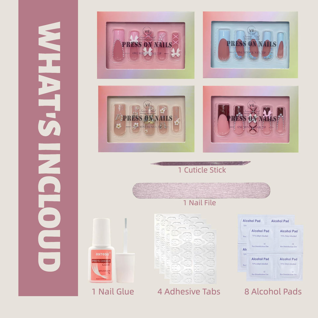 VESWEET Extra Long Square Press-On Nails – 4-Box 3D Design Set