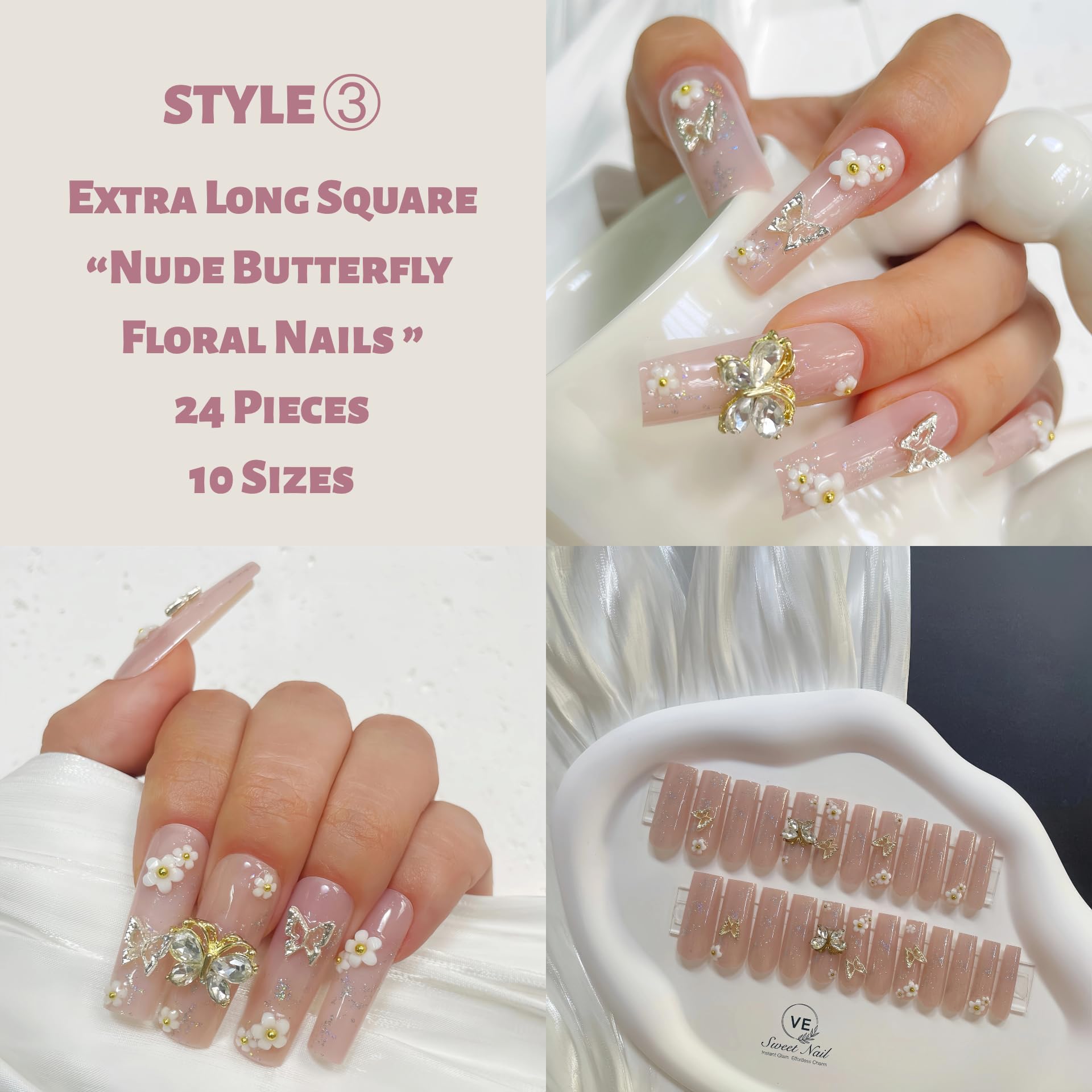 VESWEET Extra Long Square Press-On Nails – 4-Box 3D Design Set