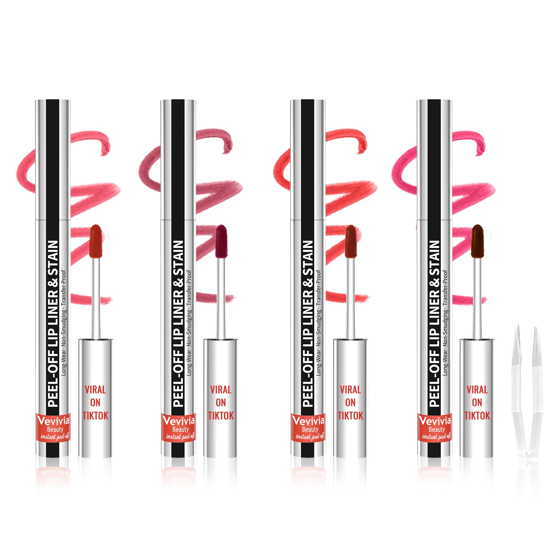Vevivia Beauty 4pcs Lip Stain Peel Off – Long-Lasting Lip Liner Stain, Waterproof & 2-in-1 Matte (Cocoa, Rose, Nude, Mauve)