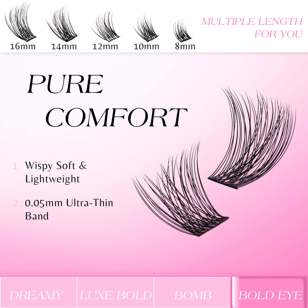VEYESBEAUTY Lash Clusters – DIY False Eyelashes, Thin Invisible Band, Newbie Five-Second Series Wispy Tray (Boldeye 8–16mm Mixed Length)