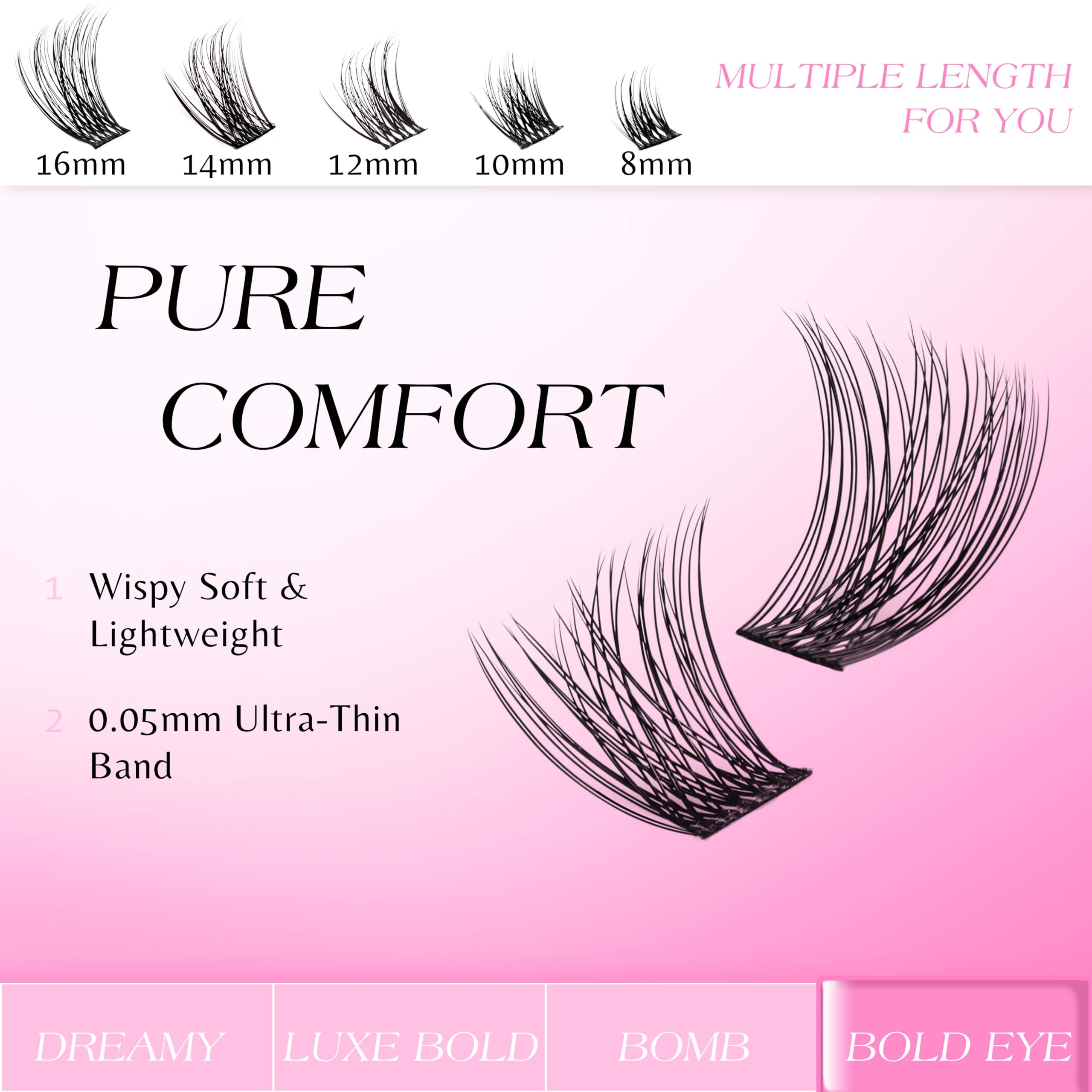 VEYESBEAUTY Lash Clusters – DIY False Eyelashes, Thin Invisible Band, Newbie Five-Second Series Wispy Tray (Boldeye 8–16mm Mixed Length)