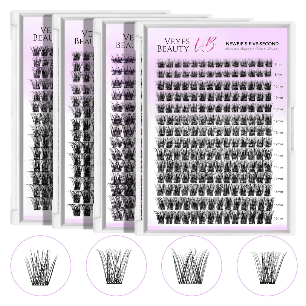 VEYESBEAUTY Lash Clusters – DIY False Eyelashes, Thin Invisible Band, Newbie Five-Second Series Wispy Tray (Boldeye 8–16mm Mixed Length)