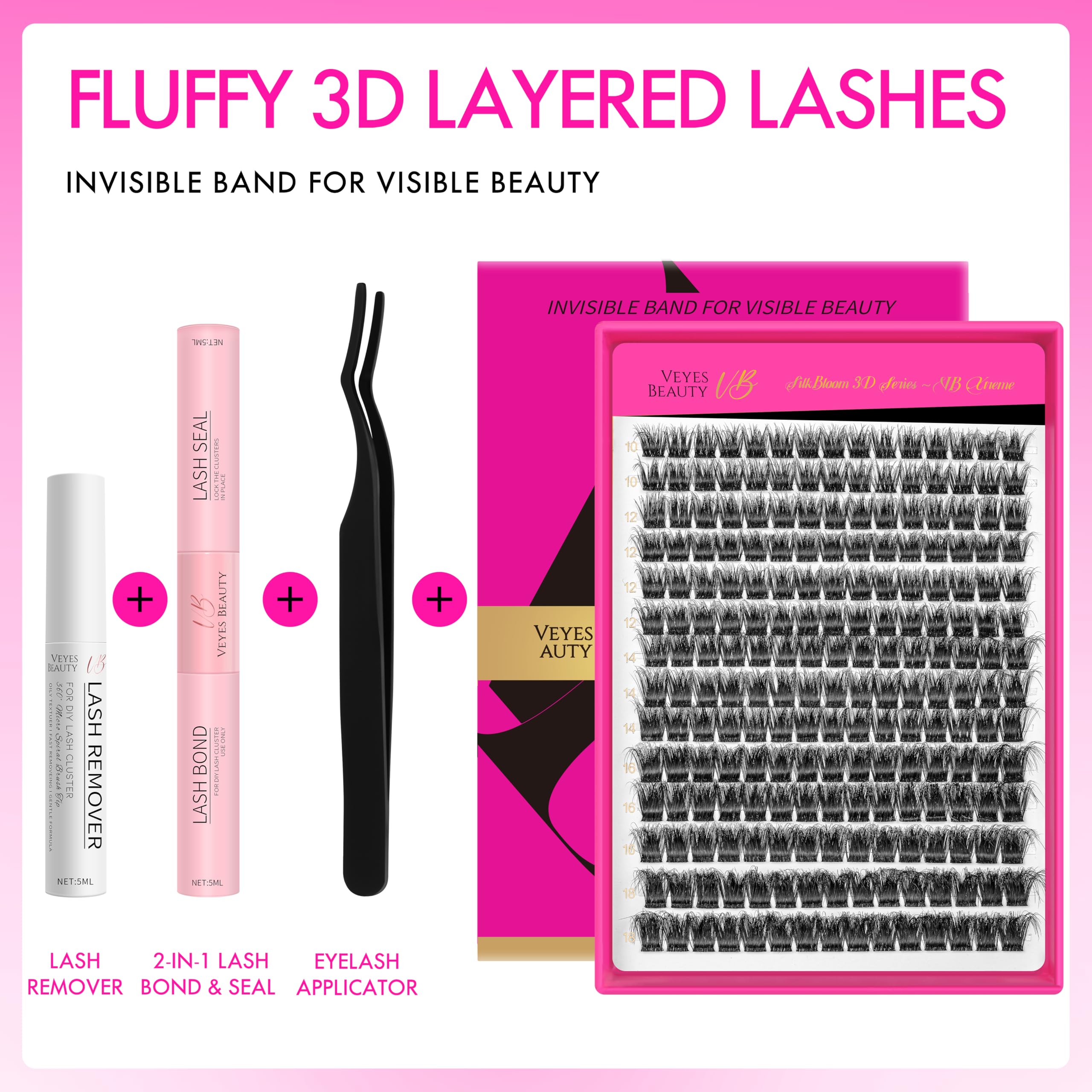 VEYESBEAUTY Lash Clusters Kit – 3D Fluffy Volume Lashes 10-18mm with Bond, Seal, Remover, Applicator