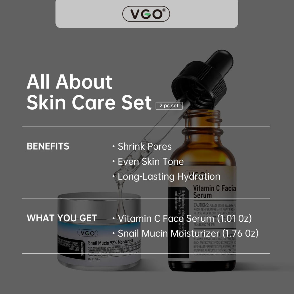 VGO Skin Care Set: Snail Mucin 92% Moisturizer + Vitamin C Serum for Hydration & Firming | All Skin Types