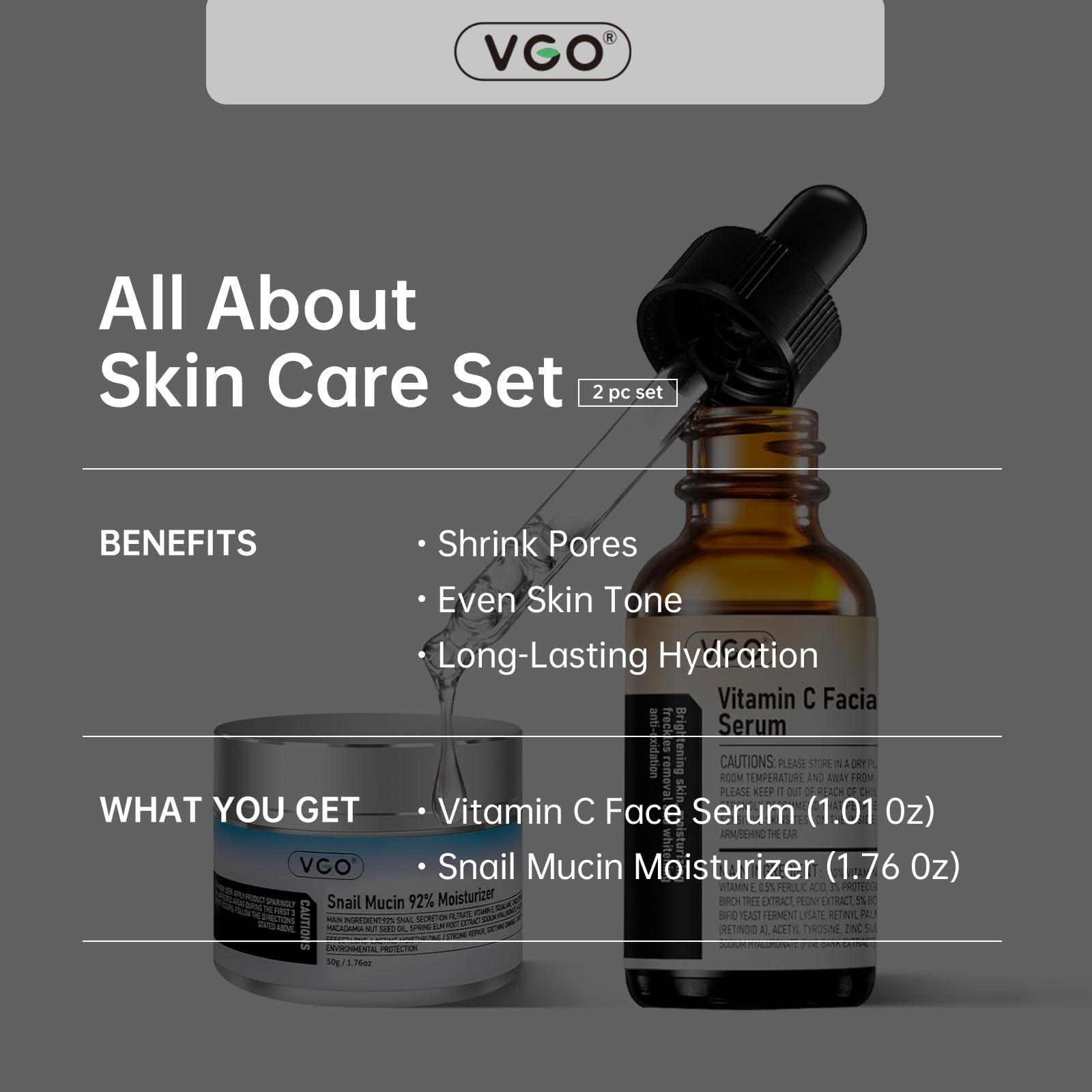VGO Skin Care Set: Snail Mucin 92% Moisturizer + Vitamin C Serum for Hydration & Firming | All Skin Types