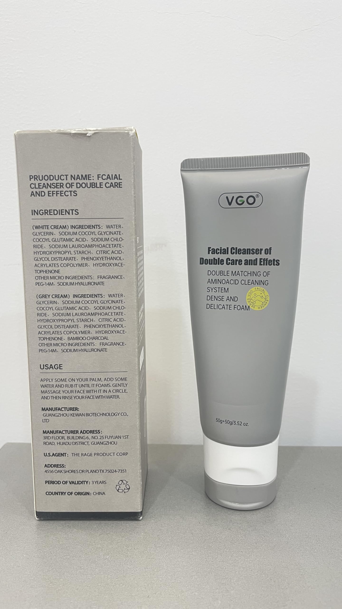 VGO Facial Cleanser – Dual-Tube 3-in-1 Cleanser with Amino Acids & Mud, 3.52 oz