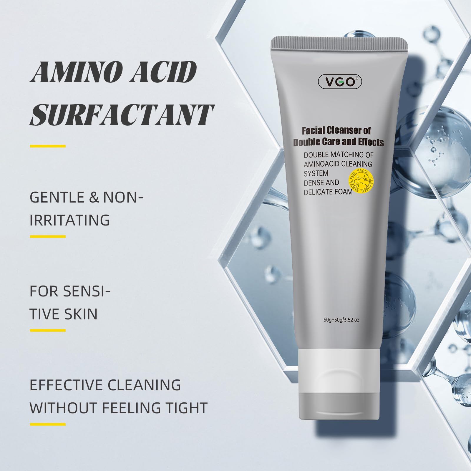 VGO Facial Cleanser – Dual-Tube 3-in-1 Cleanser with Amino Acids & Mud, 3.52 oz
