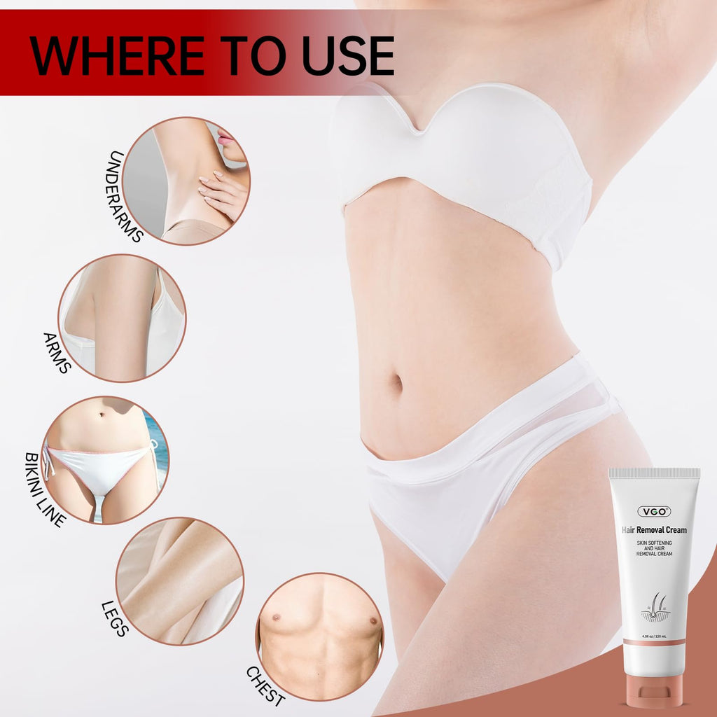 VGO Painless Hair Removal Cream for Women & Men — All Skin Types, 4.06oz (Spatula Included)