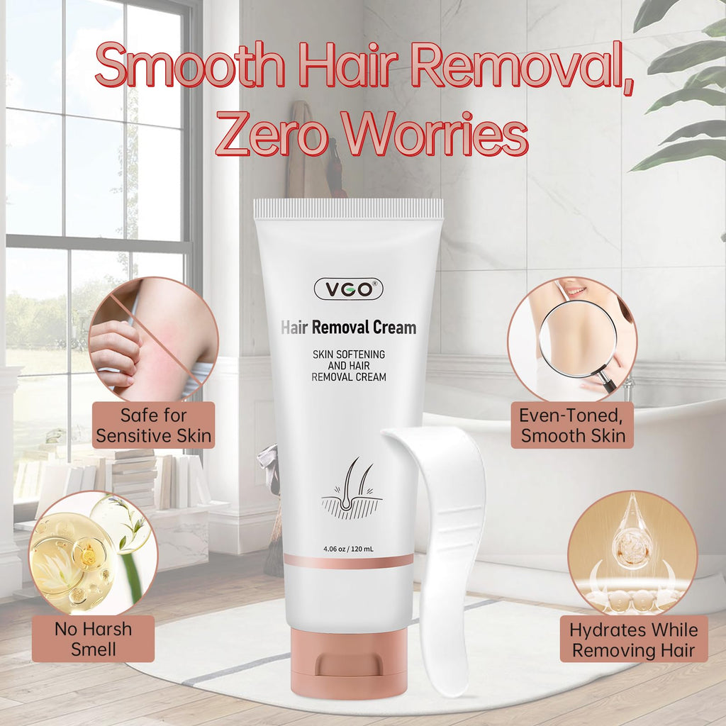 VGO Painless Hair Removal Cream for Women & Men — All Skin Types, 4.06oz (Spatula Included)