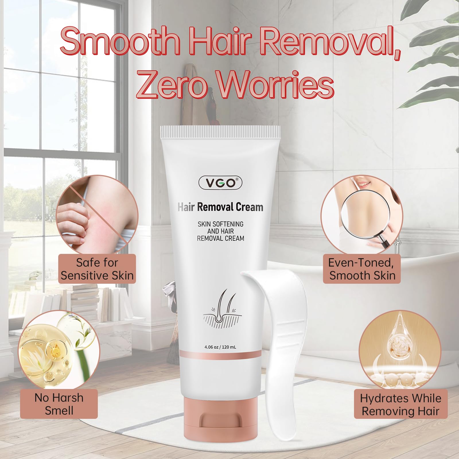 VGO Painless Hair Removal Cream for Women & Men — All Skin Types, 4.06oz (Spatula Included)