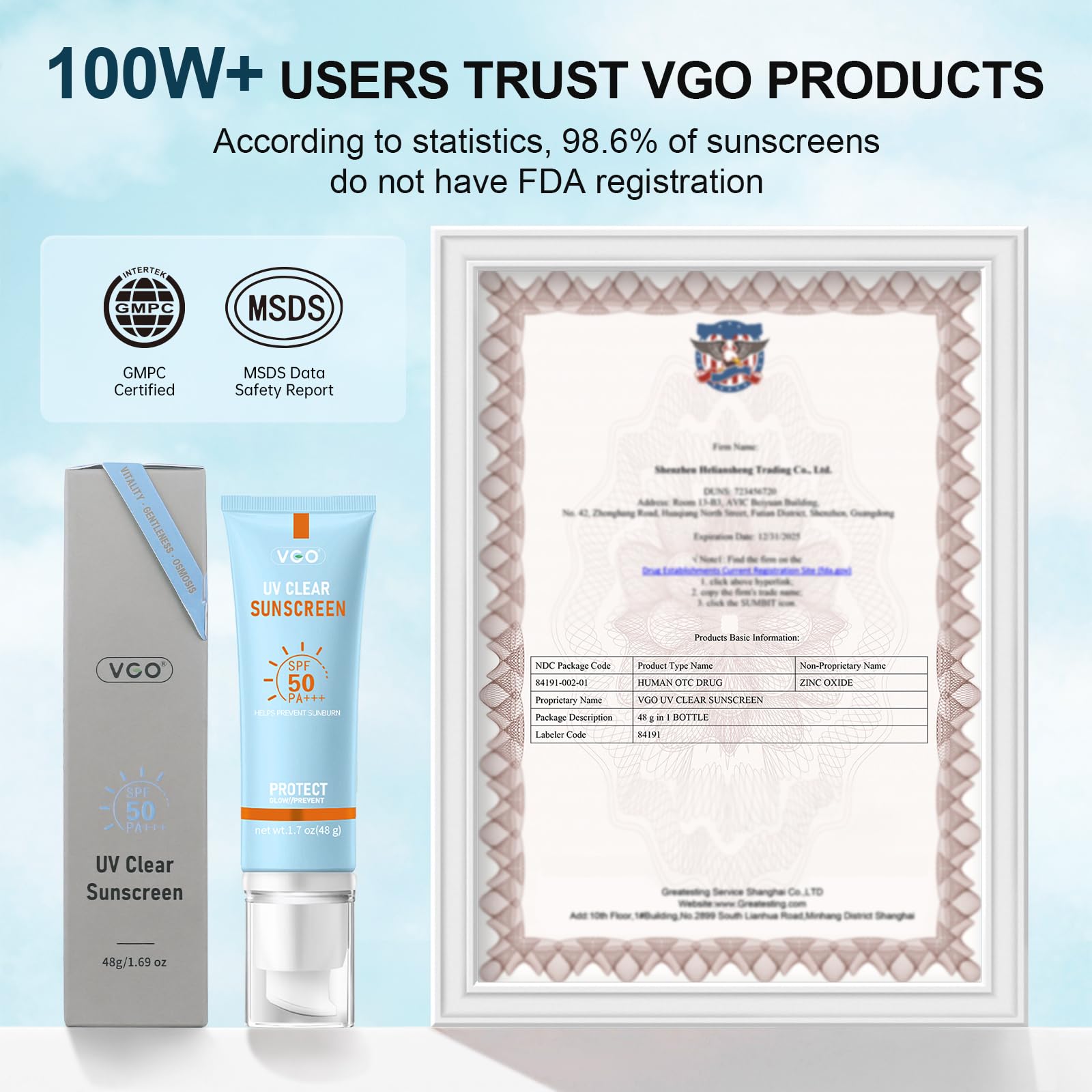 VGO Mineral Sunscreen for Face SPF 50 — Reef Safe, Lightweight, Oil-Free Moisturizer (Travel Size 2-Pack)