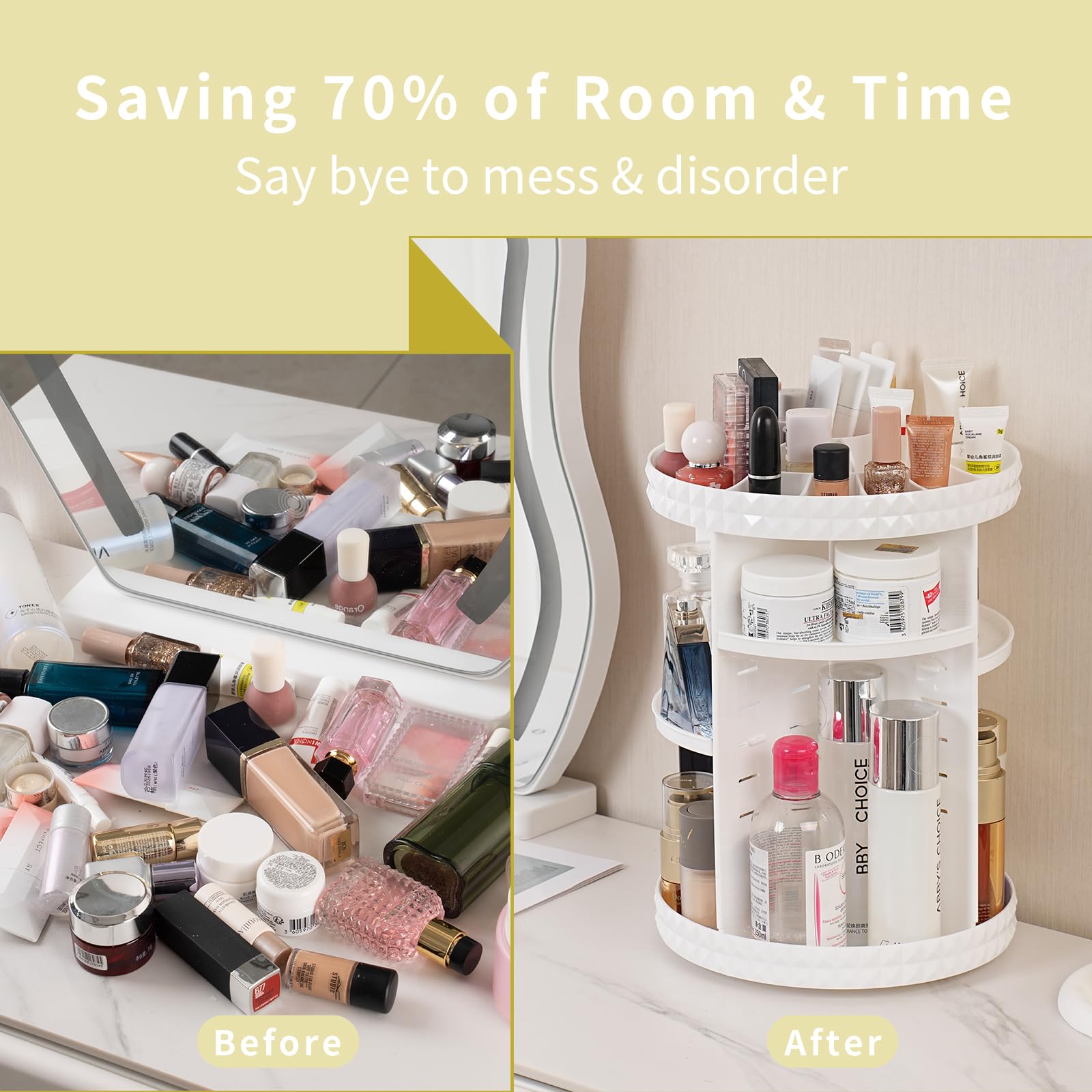 V-HANVER 360° Rotating Makeup Organizer | Large-Capacity Acrylic Vanity Storage