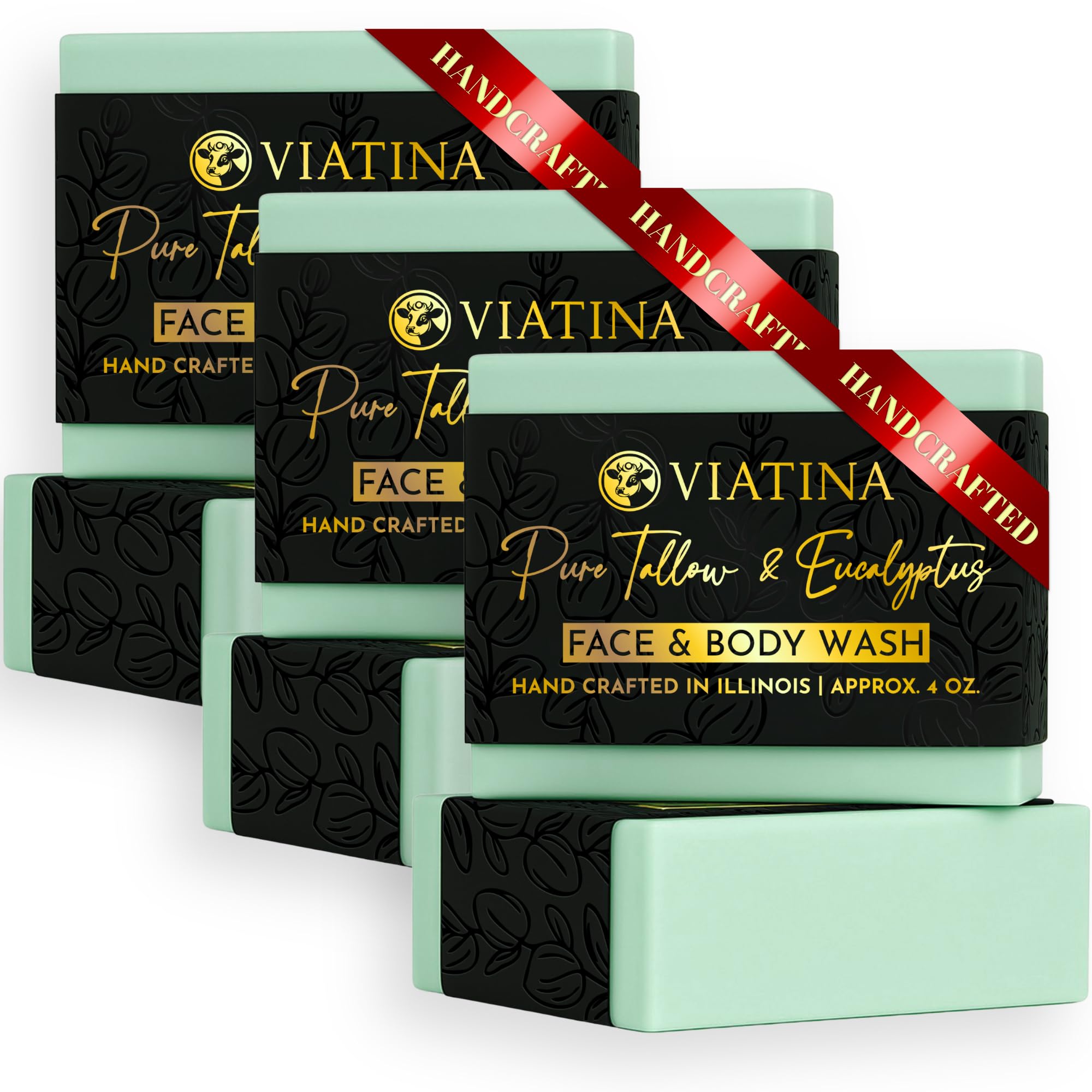 Viatina 100% Grass-Fed Beef Tallow Soap Bar – Eucalyptus, Handmade in USA, 3-Pack