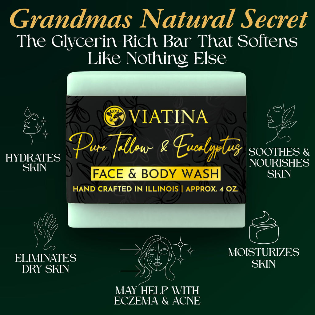 Viatina 100% Grass-Fed Beef Tallow Soap Bar – Eucalyptus, Handmade in USA, 3-Pack