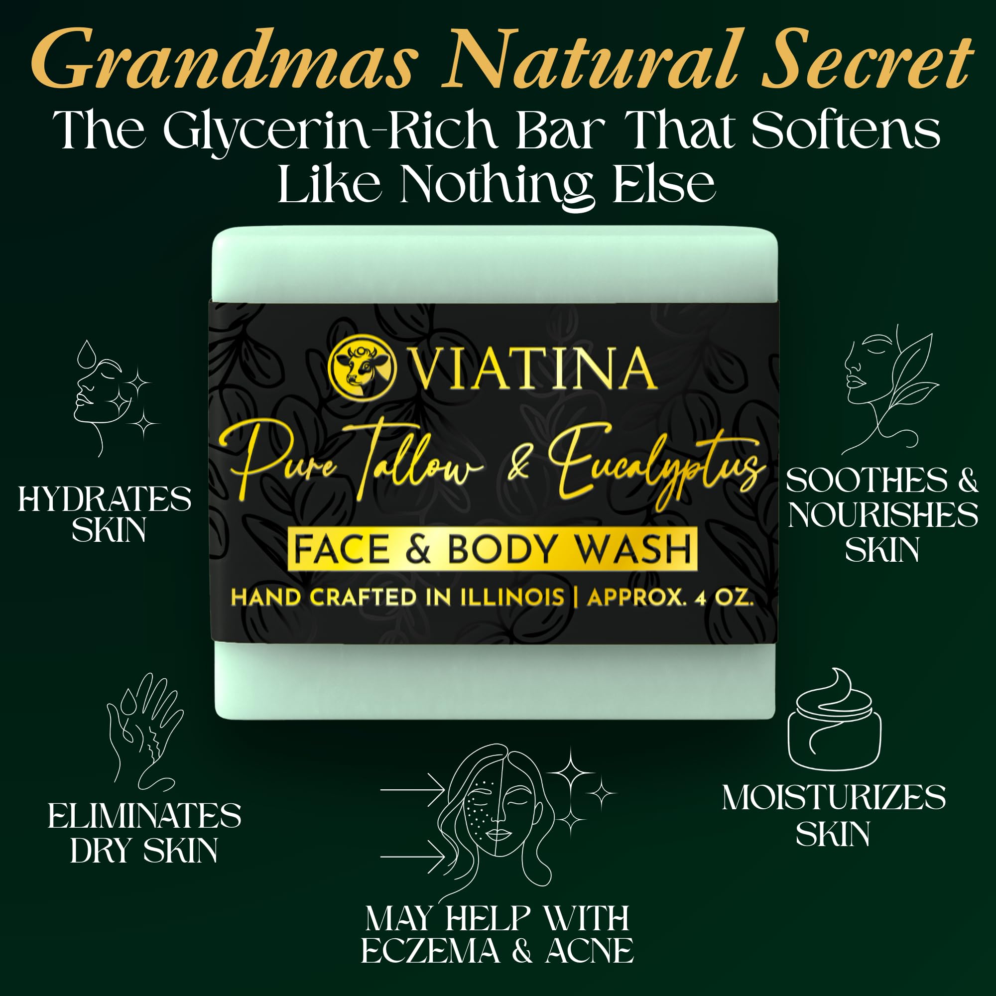 Viatina 100% Grass-Fed Beef Tallow Soap Bar – Eucalyptus, Handmade in USA, 3-Pack