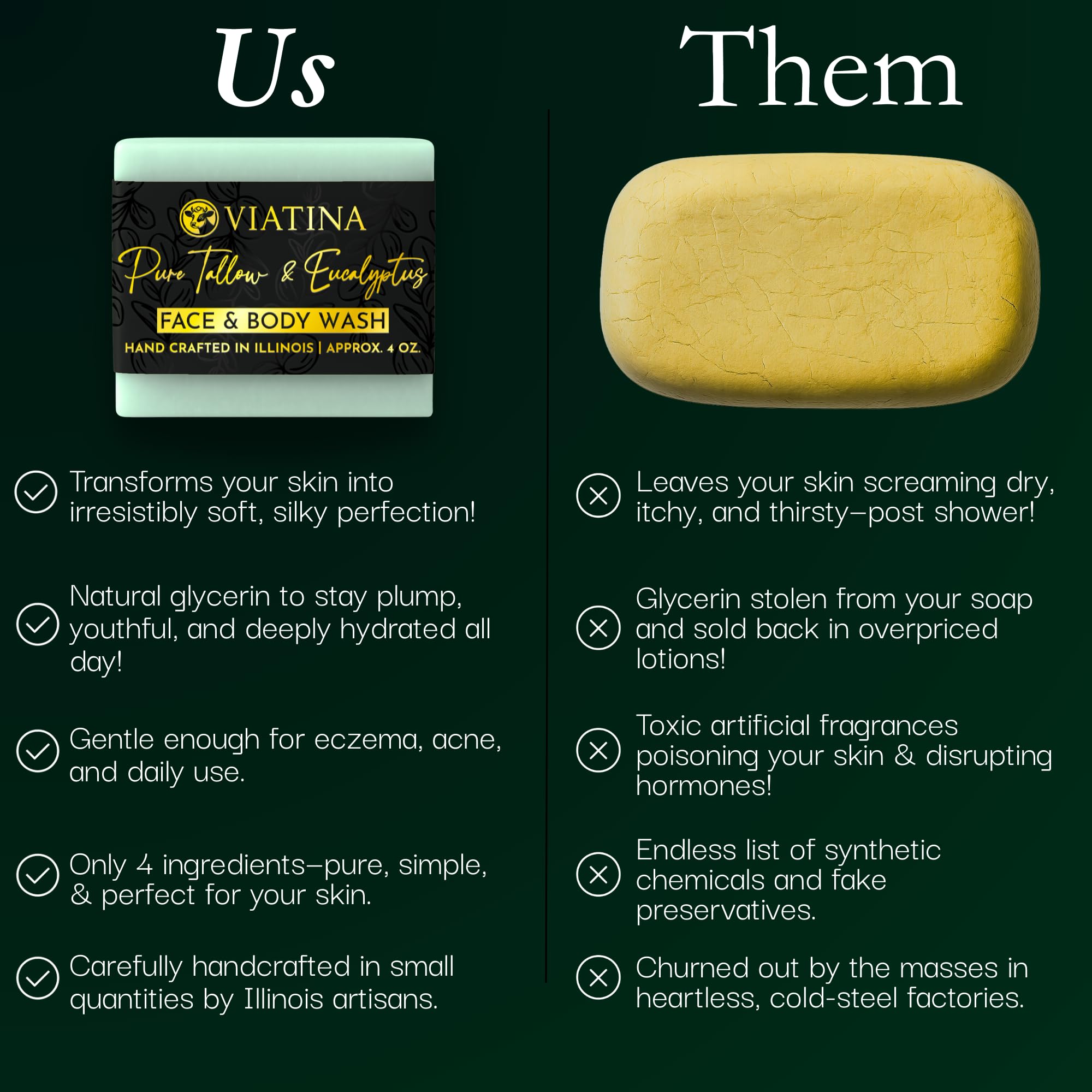 Viatina 100% Grass-Fed Beef Tallow Soap Bar – Eucalyptus, Handmade in USA, 3-Pack