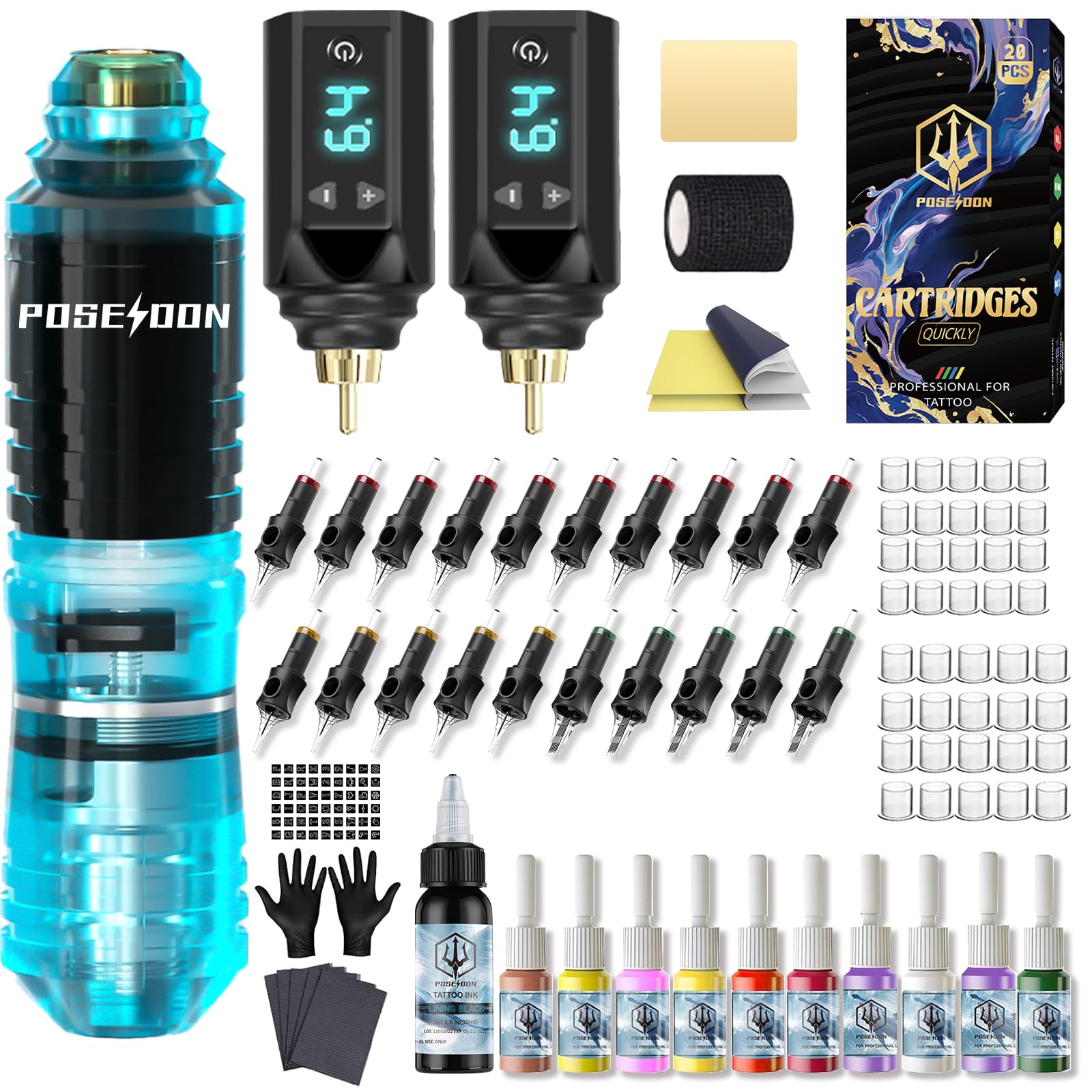 Vidattx Poseidon Tattoo Kit – Pen Style Machine, 2x1500mAh Batteries, 20 Cartridges, 11 Inks