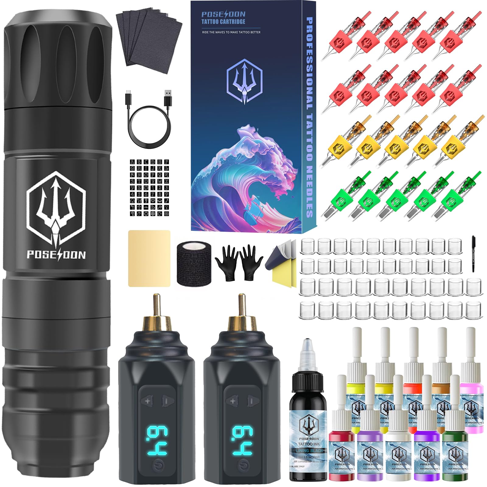 Vidattx POSEIDON Wireless Tattoo Kit – Pen-Style Machine with 2 Batteries & 20 Cartridges