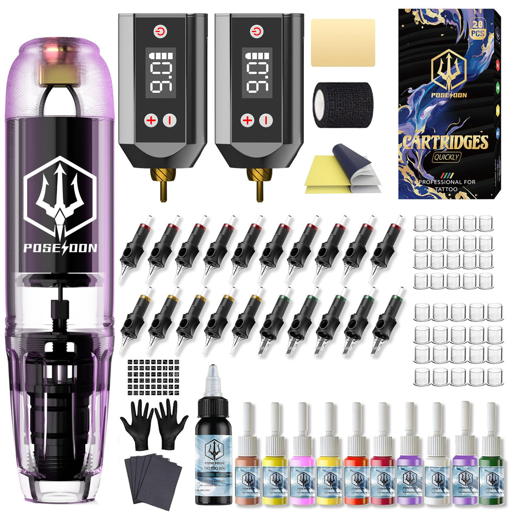 Vidattx POSEIDON Tattoo Kit — Tattoo Pen Kit with 2x 1400mAh Power Supplies & 11 Inks