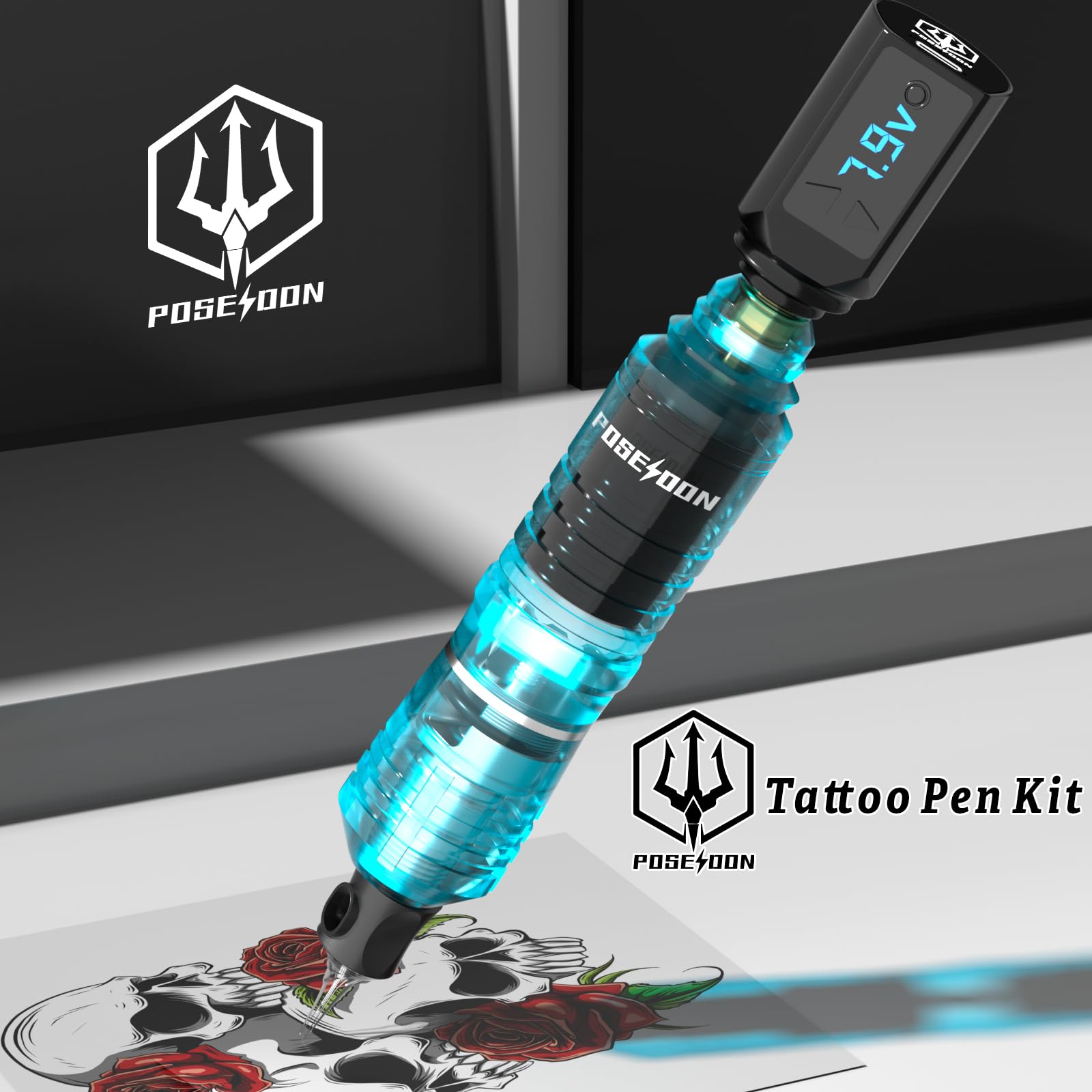 Vidattx Poseidon Tattoo Kit – Pen Style Machine, 2x1500mAh Batteries, 20 Cartridges, 11 Inks