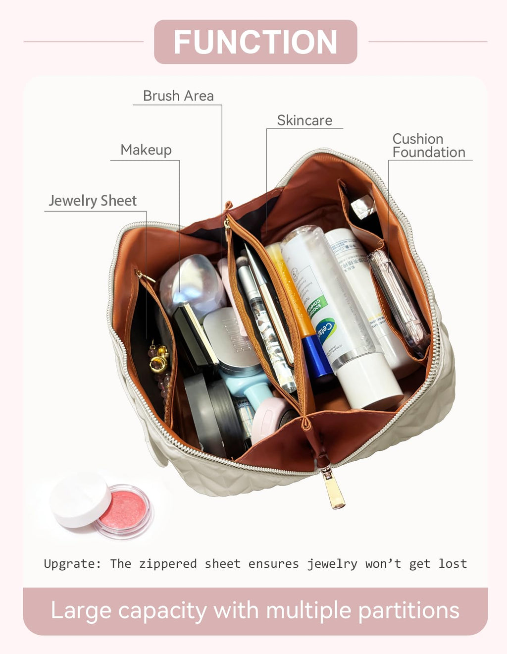 VIDIBESTY Travel Makeup Bag for Women | Large-Capacity Waterproof Organizer (White)