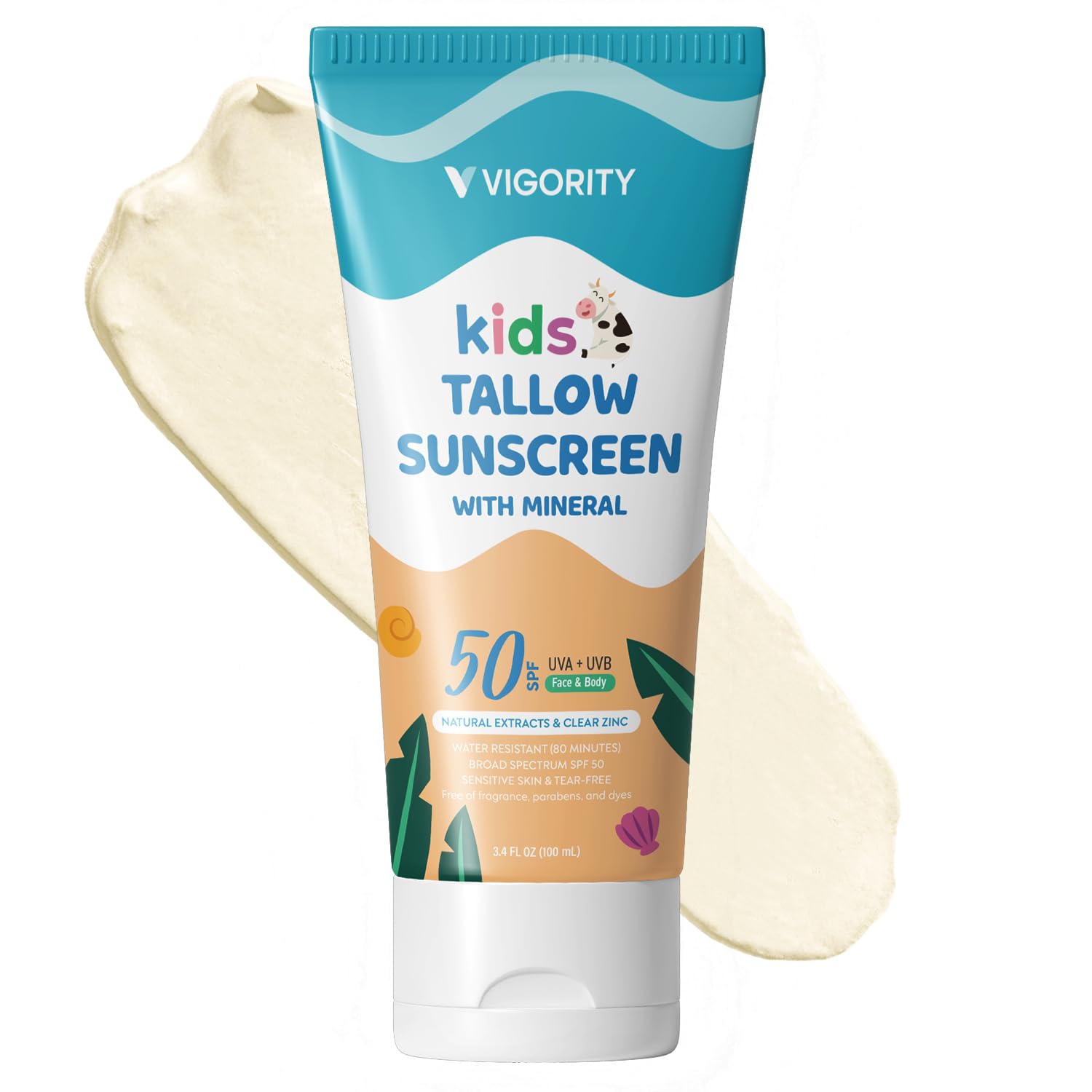 Vigority Beef Tallow Sunscreen for Kids SPF 50 – Mineral Zinc Oxide Sunblock, Tear-Free & Water-Resistant