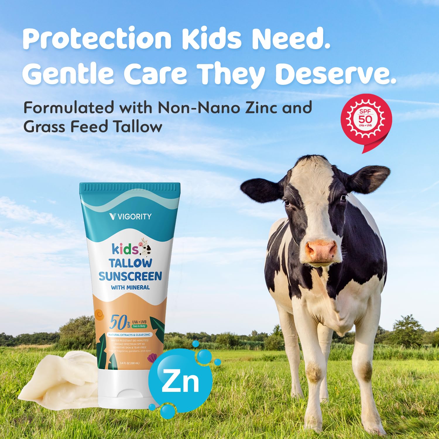 Vigority Beef Tallow Sunscreen for Kids SPF 50 – Mineral Zinc Oxide Sunblock, Tear-Free & Water-Resistant