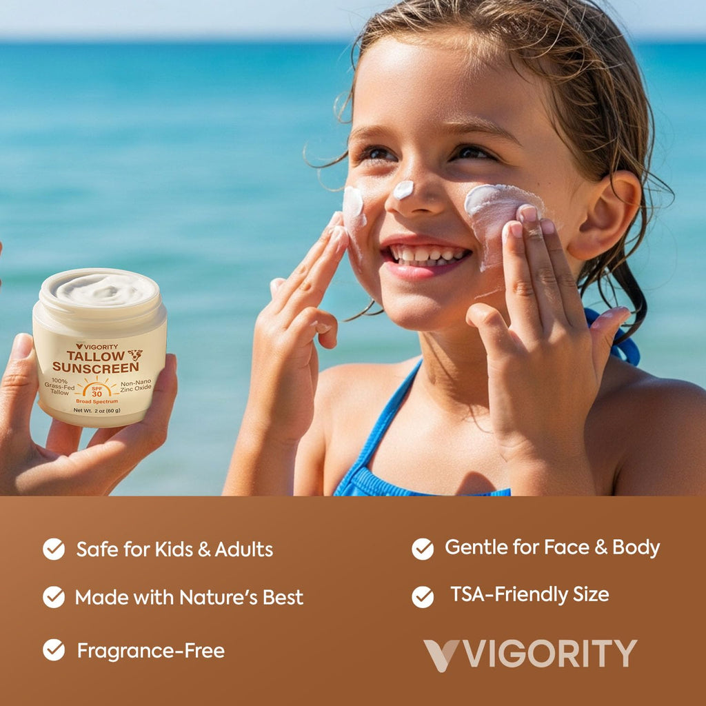 Vigority Beef Tallow Sunscreen SPF 30 – Non-Toxic Mineral Sunblock with Clear Zinc (2 oz)