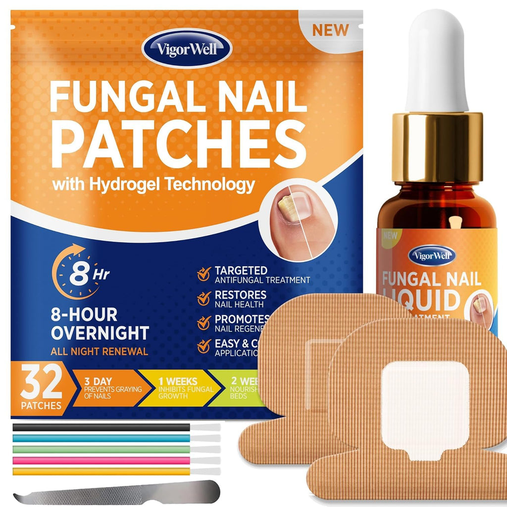 VigorWell Toenail Fungus Treatment Extra Strength – Nighttime Patches & 15ml Nail Repair Liquid (32 Patches)