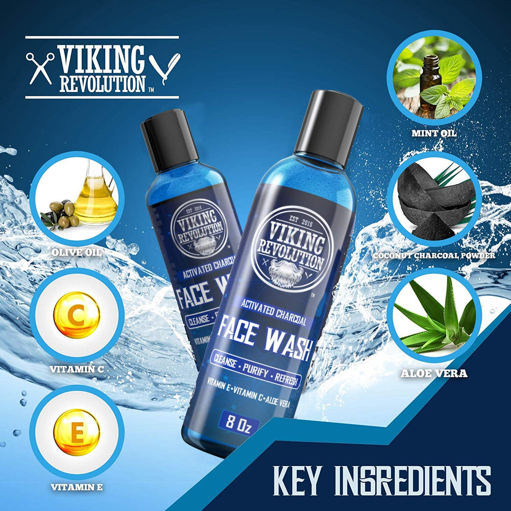 Viking Revolution Charcoal Face Wash for Men - Purify, Cleanse & Refresh (8 oz + 2 oz Set)