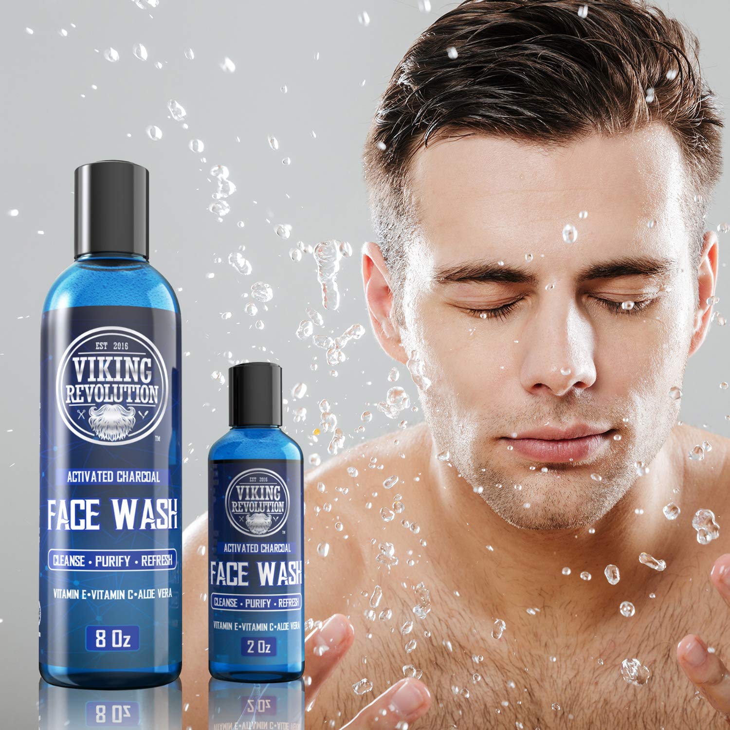 Viking Revolution Charcoal Face Wash for Men - Purify, Cleanse & Refresh (8 oz + 2 oz Set)