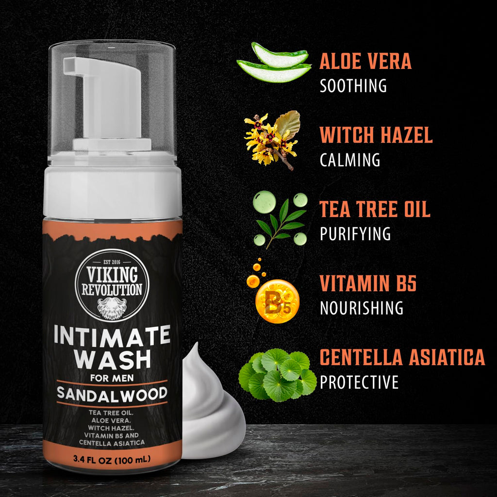 Viking Revolution Mens Intimate Wash – Foaming Body Wash with Aloe Vera, Tea Tree Oil & Witch Hazel (3.4 oz)