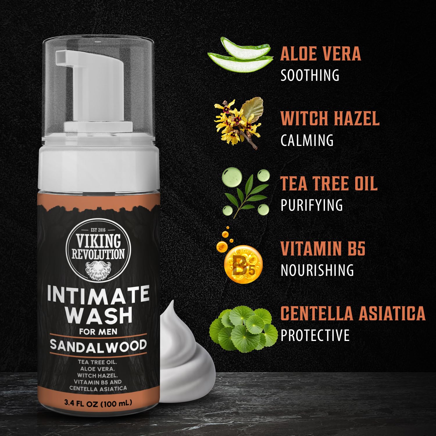 Viking Revolution Mens Intimate Wash – Foaming Body Wash with Aloe Vera, Tea Tree Oil & Witch Hazel (3.4 oz)