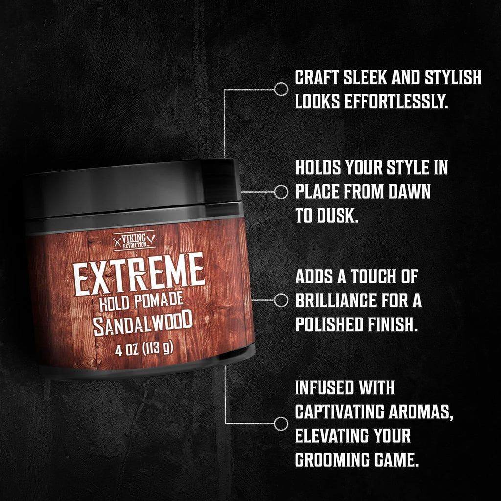 Viking Revolution Sandalwood Hair Pomade – Extreme Hold, Water-Based, High Shine (4oz)