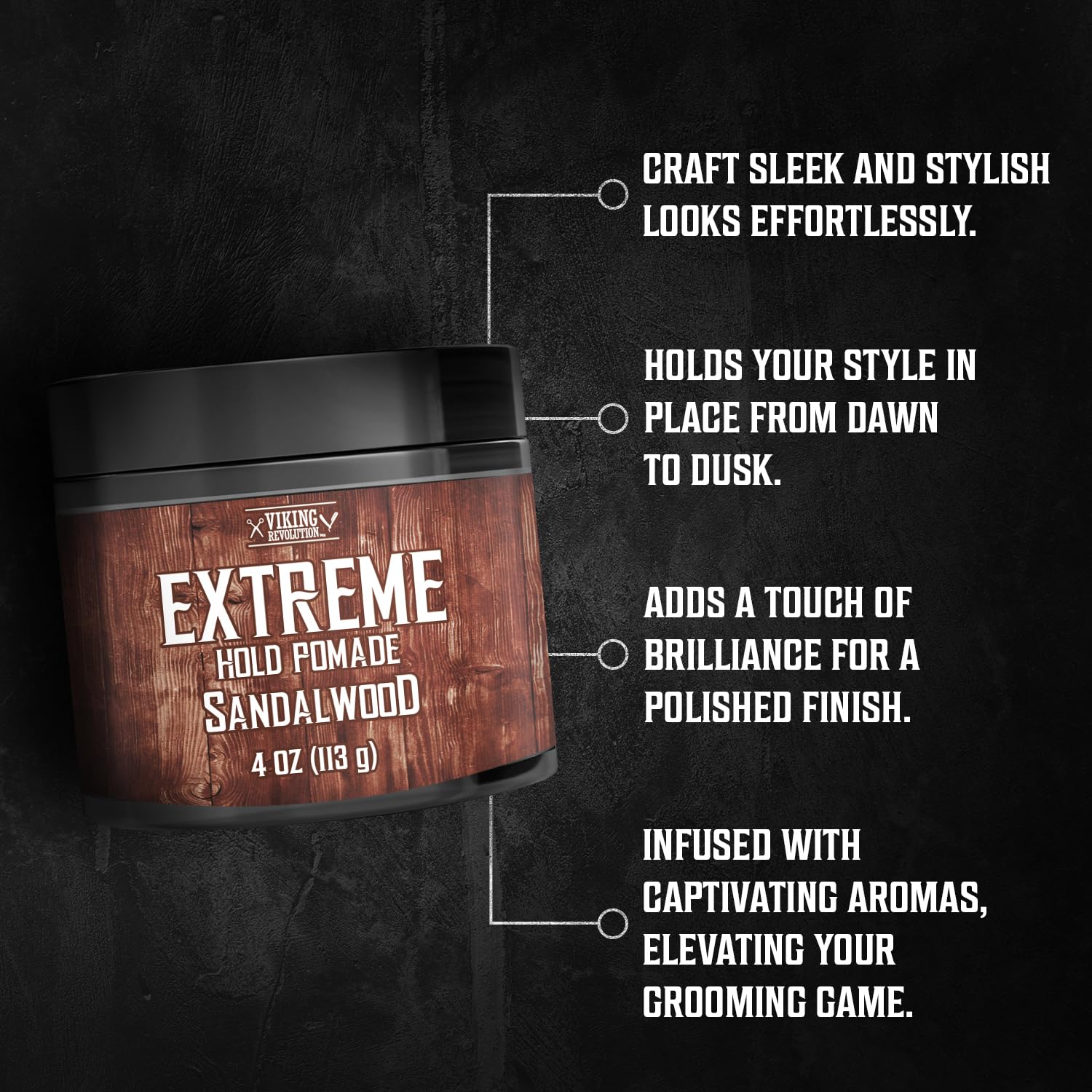 Viking Revolution Sandalwood Hair Pomade – Extreme Hold, Water-Based, High Shine (4oz)