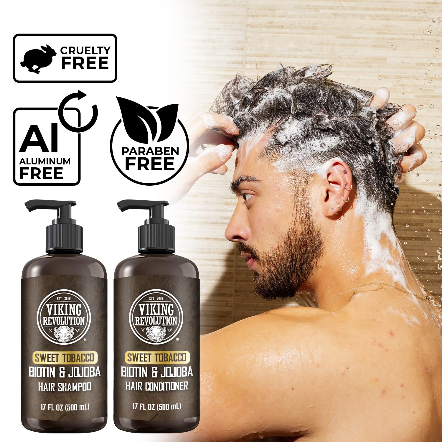 Viking Revolution Sweet Tobacco Mens Shampoo and Conditioner Set with Biotin and Jojoba Oil – 17 oz