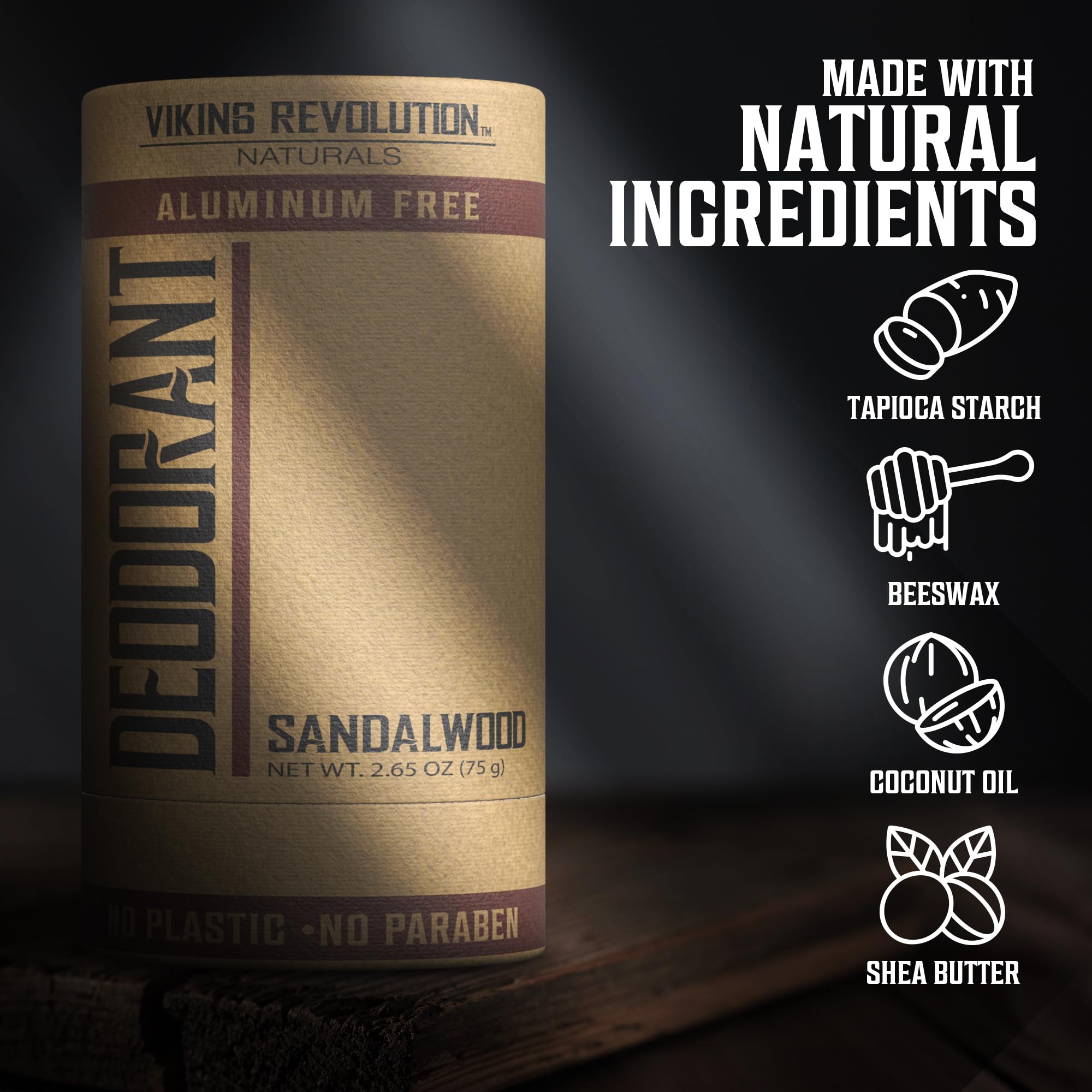 Viking Revolution Sandalwood Deodorant for Men – Aluminum Free, Shea Butter & Tapioca Starch (2.65oz)