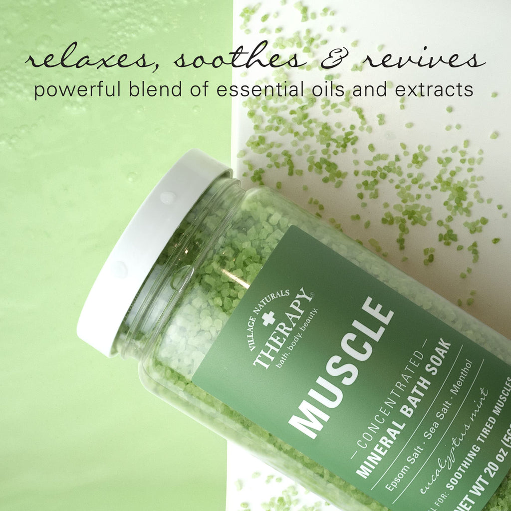 Village Naturals Therapy Muscle Concentrated Mineral Bath Soak – Eucalyptus Mint, 20 oz, Pack of 4