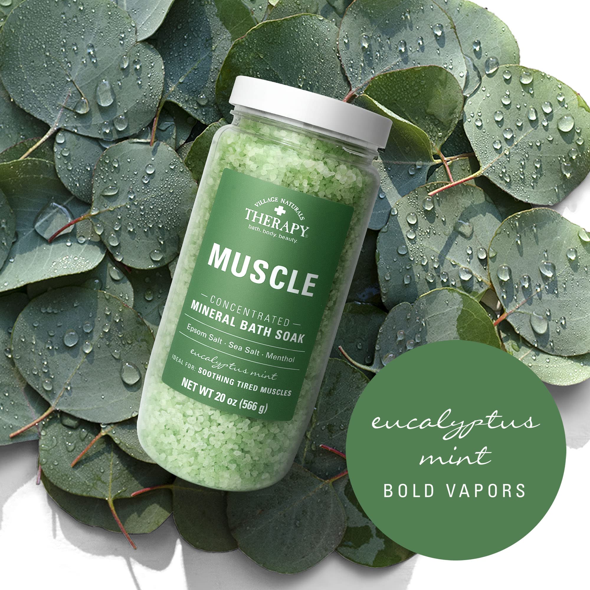 Village Naturals Therapy Muscle Concentrated Mineral Bath Soak – Eucalyptus Mint, 20 oz, Pack of 4