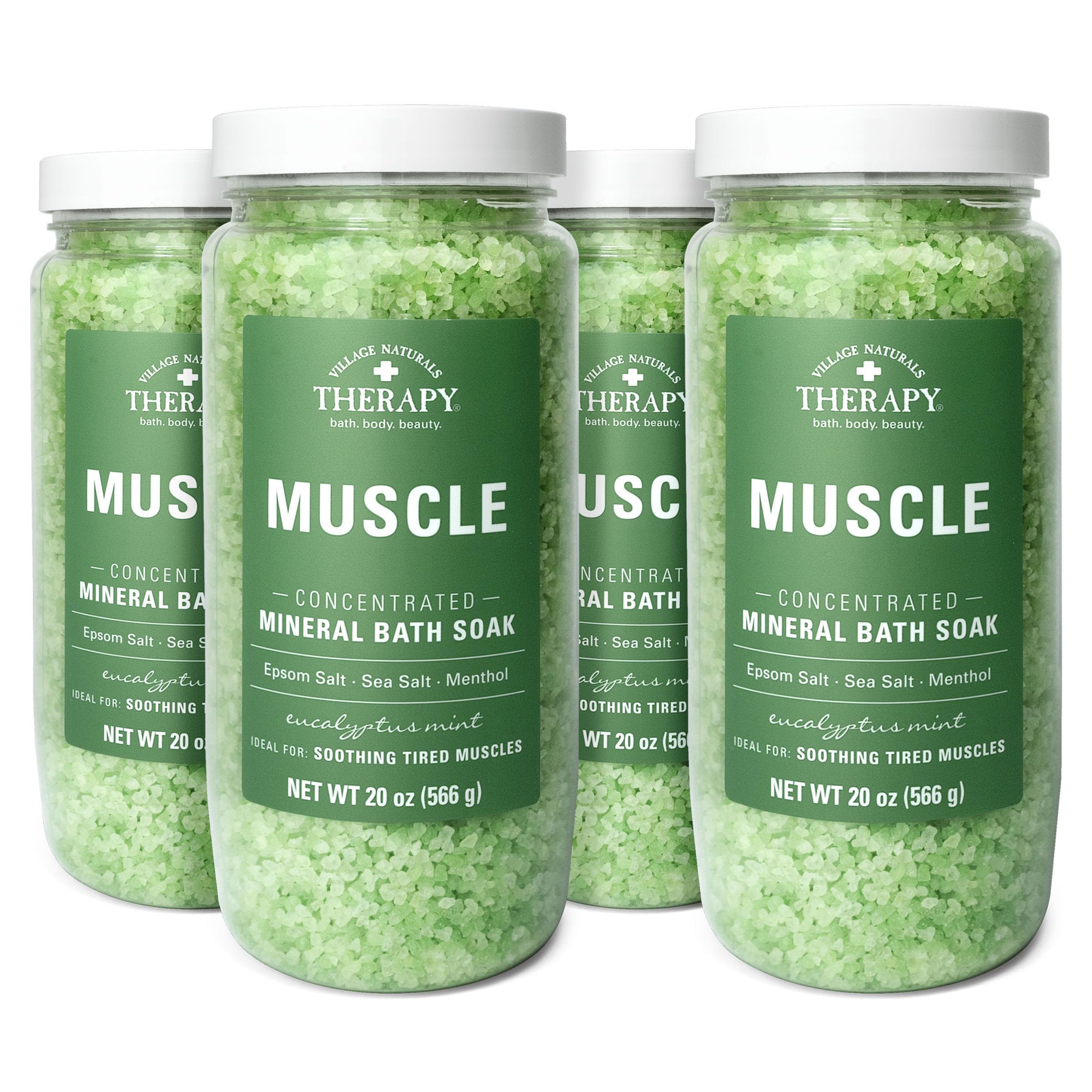 Village Naturals Therapy Muscle Concentrated Mineral Bath Soak – Eucalyptus Mint, 20 oz, Pack of 4