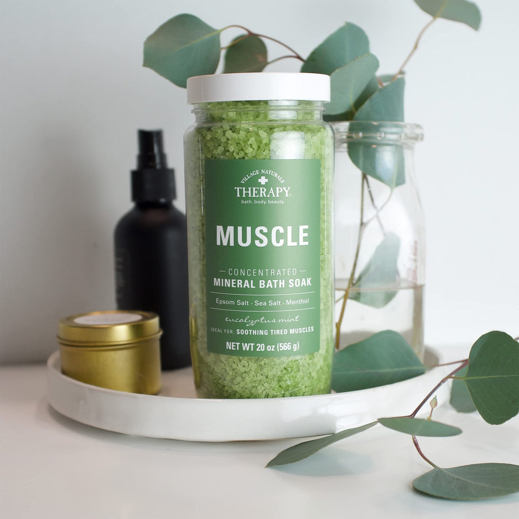Village Naturals Therapy Muscle Concentrated Mineral Bath Soak – Eucalyptus Mint, 20 oz, Pack of 4