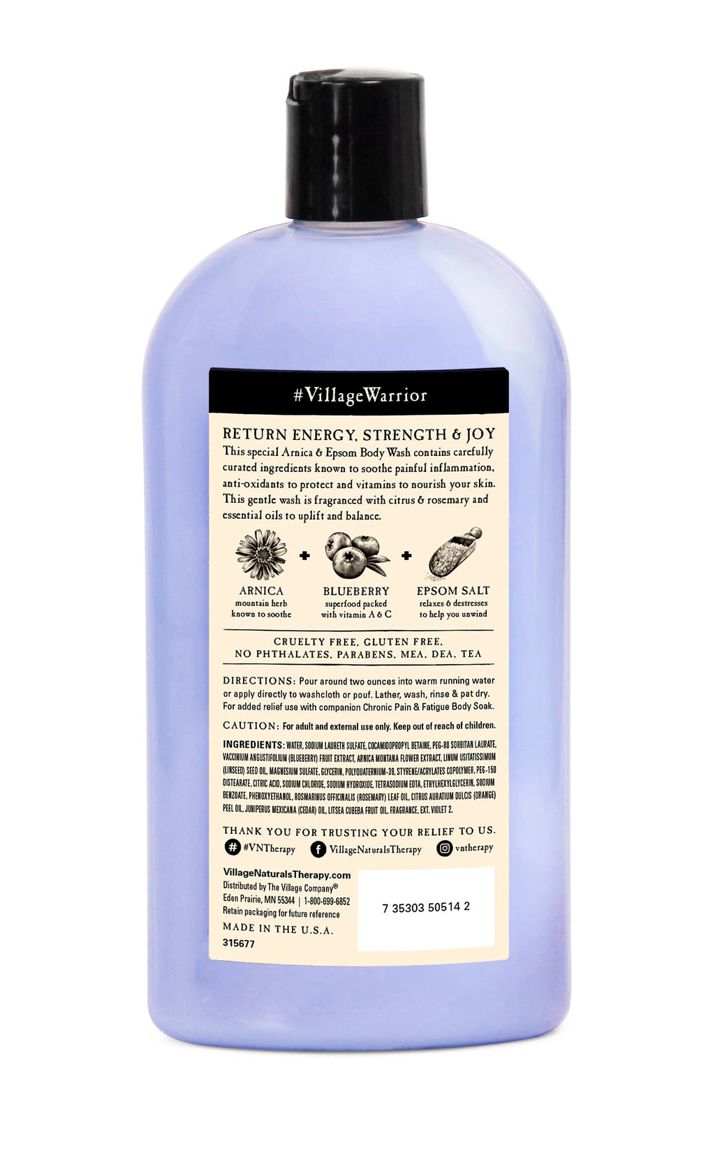 Village Naturals Therapy Chronic Pain & Fatigue Body Wash – Arnica & Epsom, 20 fl oz