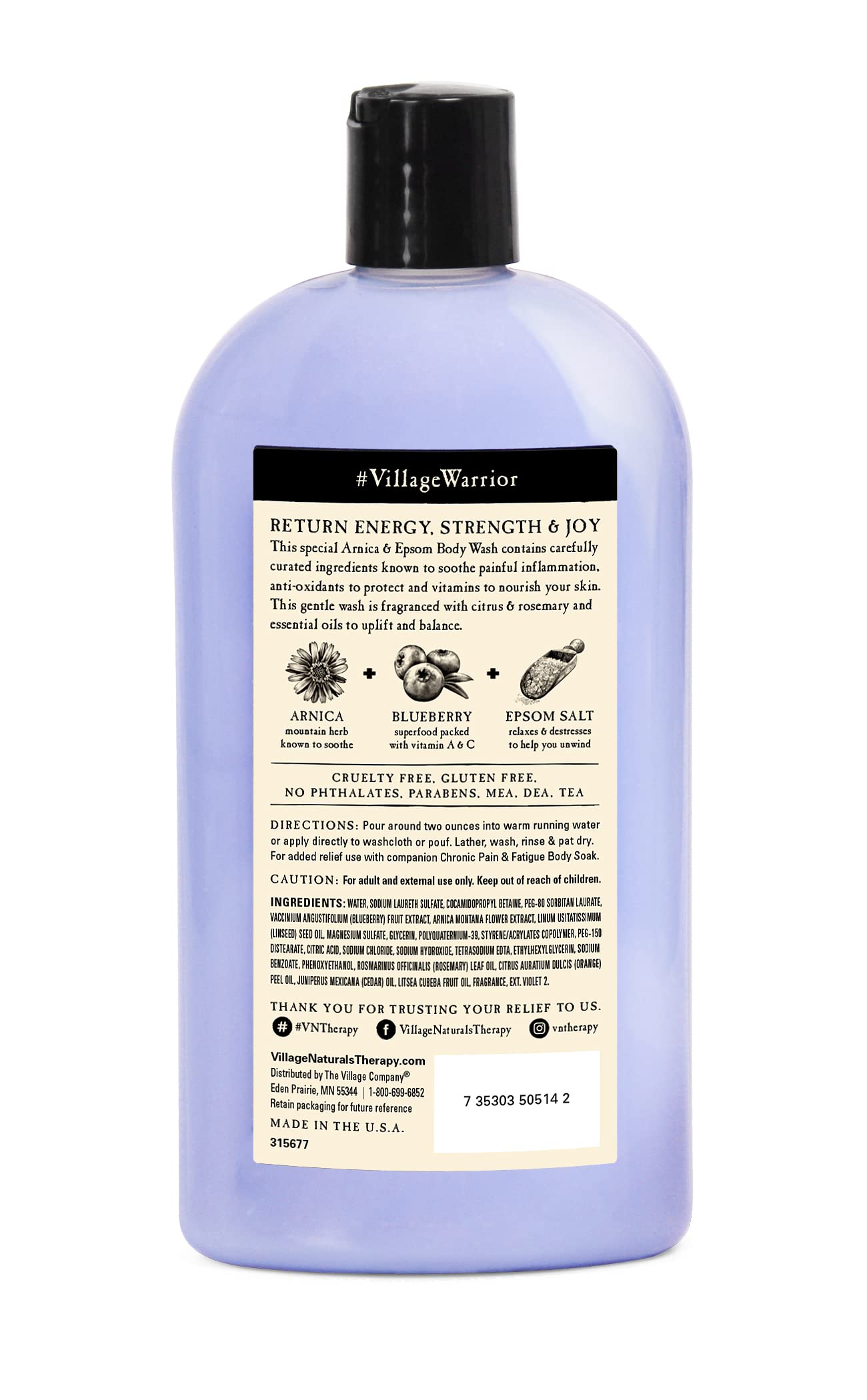 Village Naturals Therapy Chronic Pain & Fatigue Body Wash – Arnica & Epsom, 20 fl oz