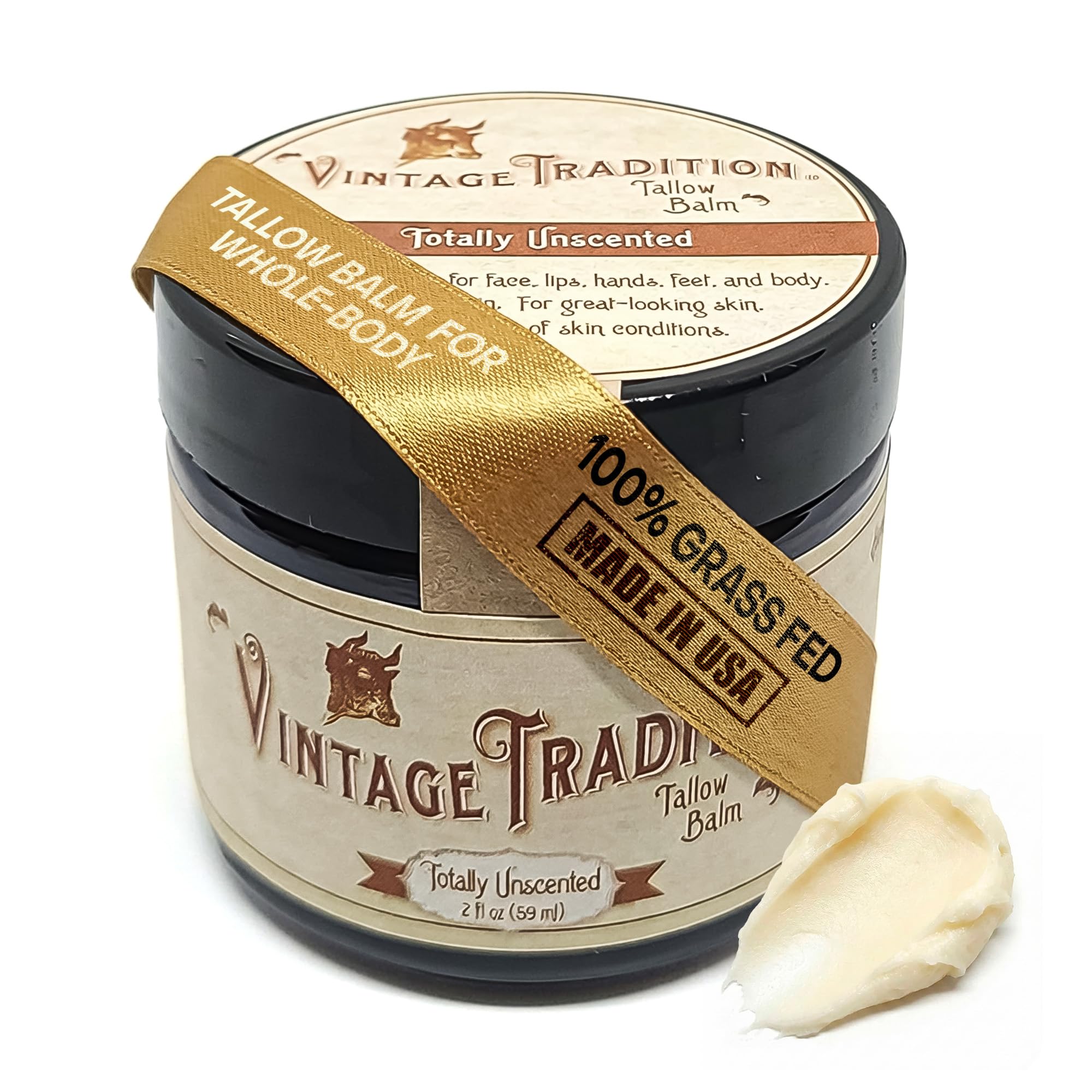 Vintage Tradition Beef Tallow Balm – Unscented Skin Care with Olive Oil + Grass-Fed Tallow, 2 oz