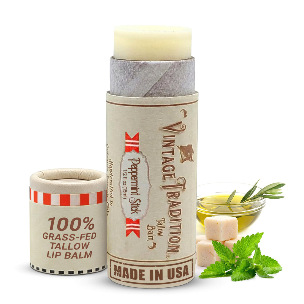 Vintage Tradition Beef Tallow Lip Balm — Peppermint Tube Moisturizer, Hydrates Dry Lips, Grass-Fed Tallow, 0.5 fl oz